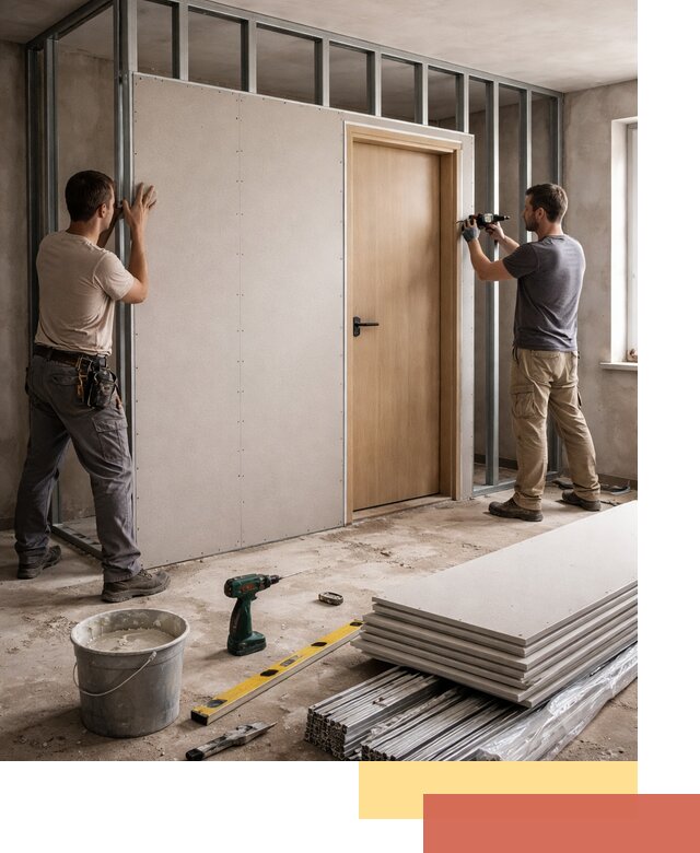 Перегородка из гипсокартона с дверью под ключ в Бугульме