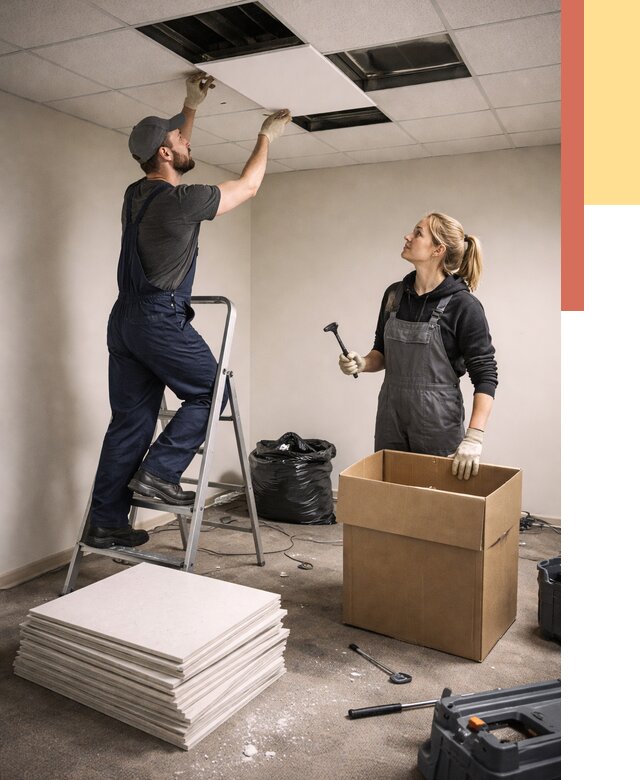 Демонтаж потолочной плитки в Бугульме от 4549 руб. быстро и недорого | ОТДЕЛОЧНИК-Бгл