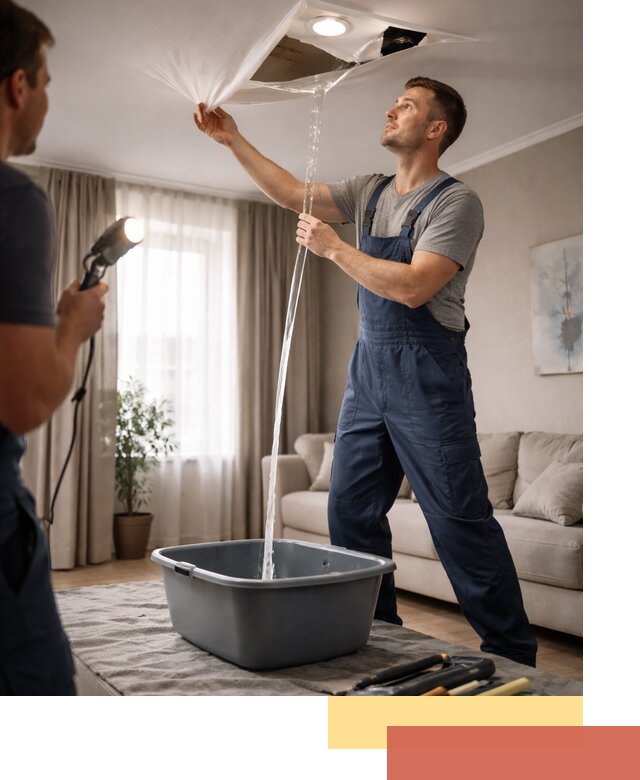 Слив воды с натяжного потолка в Бугульме быстро и аккуратно